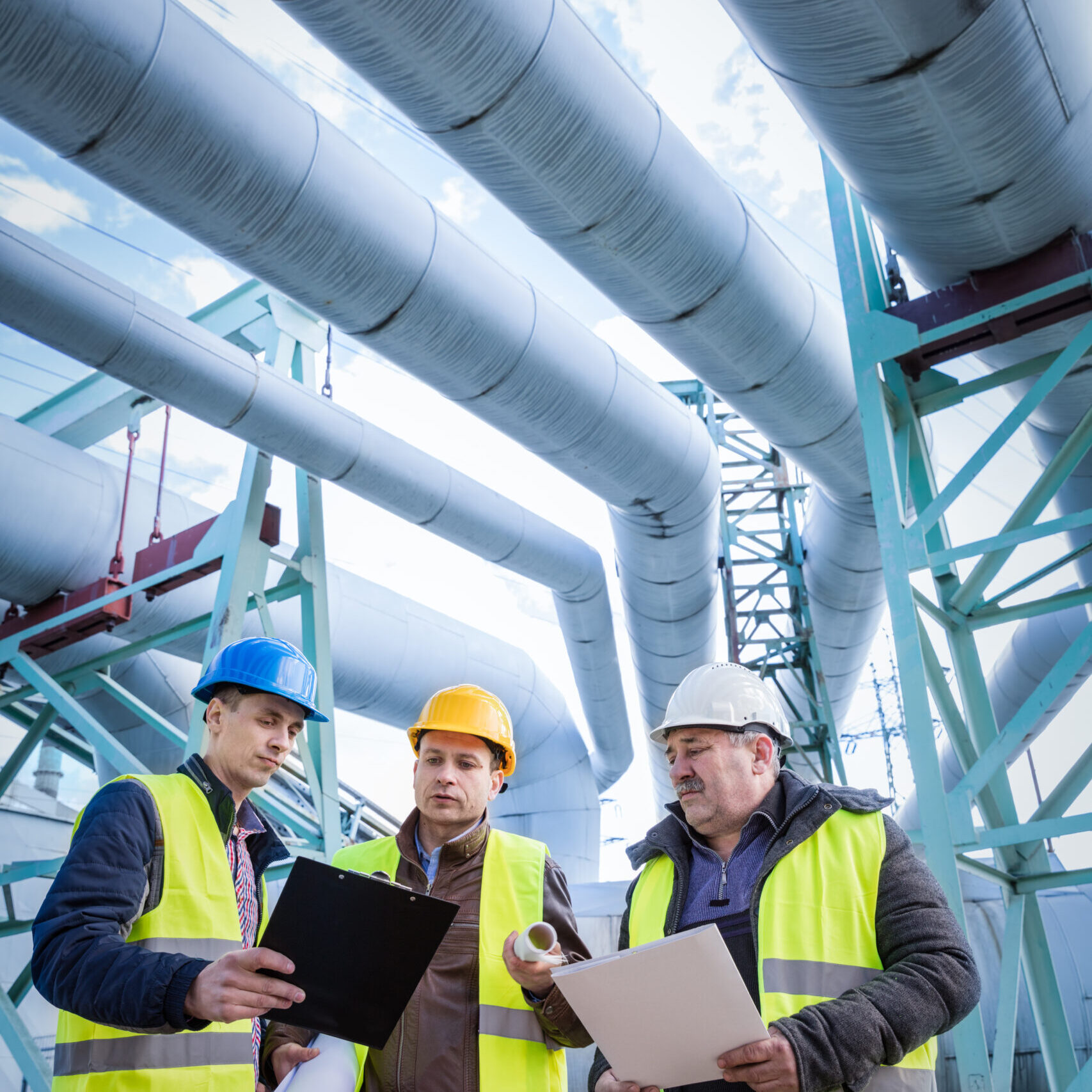 Engineers discussing maintenance of a petrochemical plant. Technical inspection. Oil and gas industry.