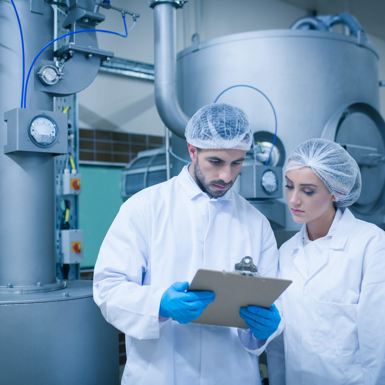 Food technicians working together in a food processing plant